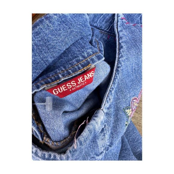 Vtg 90s Guess Jeans Denim Halter Dress Palm Tree Embroidery Pink Contrast Stitch - Picture 6 of 9